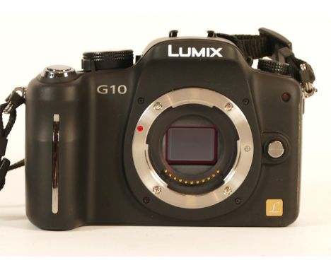 A Lumix G10 digital camera, body only, with a Lumix Panasonic DE-A49 battery charger.