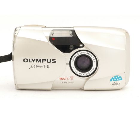 An Olympus MJU II compact 35mm camera, with soft case.