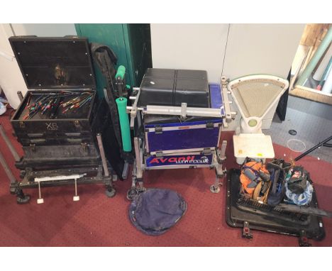 A selection of fishing related wares, to include spools, reels, floats, bait boxes, combination tackle box &amp; seat, with a