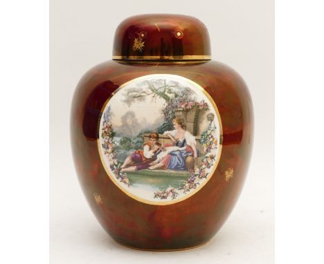 Carltonware; a Rouge Royale ginger jar, with a transfer printed scene depicting a flute player serenading a lady, H-27cm.