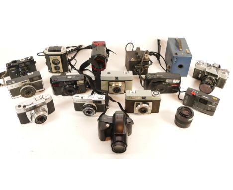 A collection of cameras and camera accessories, to include, an Olympus Trip 35, a a Pentax Zoom 70 R, and a Zenit-E. (1 box)