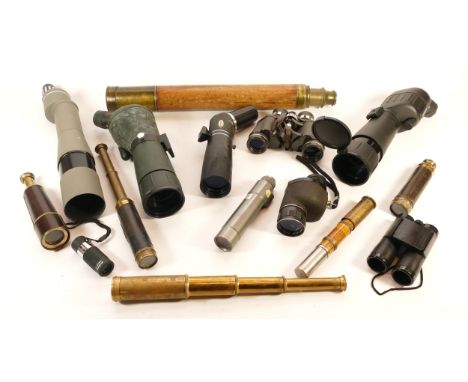 A collection of binoculars and telescopes, makers to include, Tasco, Sirius, Zennox, and Glanz. (1 box)