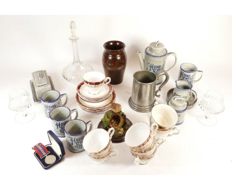 Two boxes of ceramics and homewares, to include collector plates, Myott teaware, glass decanter, pewter tankard and other war