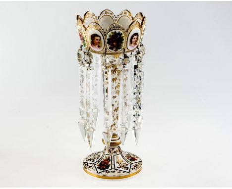 A LATE 19th CENTURY BOHEMIAN GILT-HIGHLIGHTED ENAMEL PAINTED OVERLAY GLASS TABLE LUSTRE, with crenellated rim, painted with a