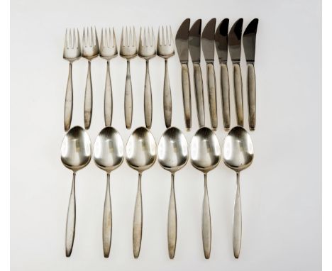 A SET OF GEORG JENSEN CYPRESS PATTERN STERLING SILVER FLATWARE, comprising six three-piece place settings of dinner knife and