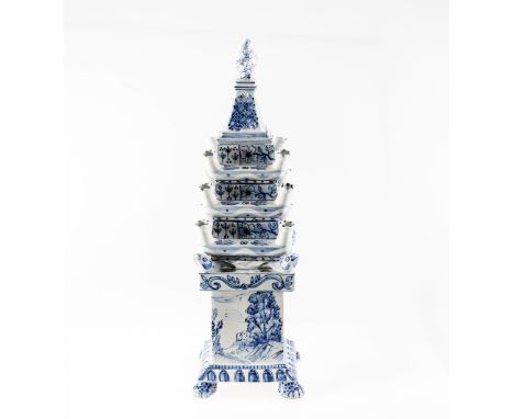 A DELFT BLUE AND WHITE TULIP TOWER, 20th CENTURY, in 18th century style, painted with garden vignettes, flowers and flowerhea