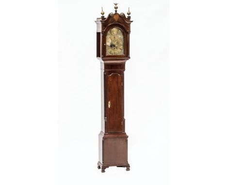 A MID-19th CENTURY MAHOGANY LONGCASE CLOCK, the 10" arched brass dial with scroll cast spandrels, Roman numerals, subsidiary