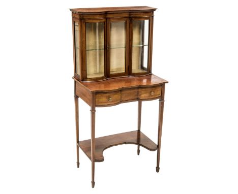 A GEORGE III SATINWOOD INLAID MAHOGANY DISPLAY CABINET, the glazed upper section with a double bow-front, the moulded cornice