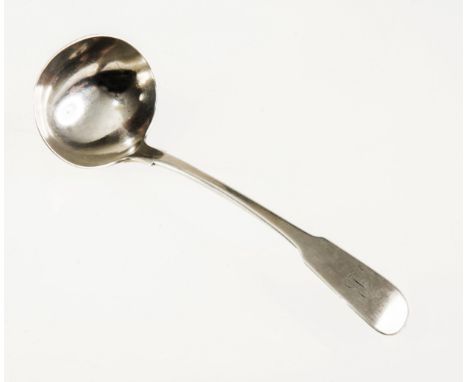 A GEORGE IV SILVER SAUCE LADLE, JOHN WALTON, NEWCASTLE, 1824, fiddle pattern, engraved with a monogram. 2 troy ounces 