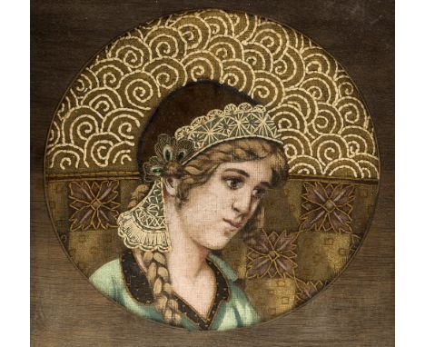 A CENTRAL EUROPEAN PAINTED AND APPLIQUE CANVAS PORTRAIT OF A GIRL, MID-19th CENTURY, roundel, the girl with braided plats, th