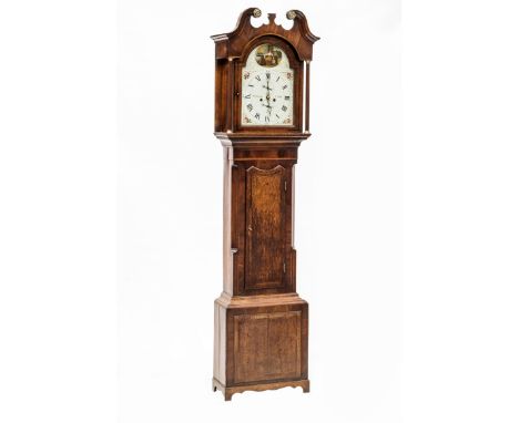 A GEORGE III OAK CASED LONGCASE CLOCK, the eight day movement striking on a bell, the dial with painted arch and spandrels, w