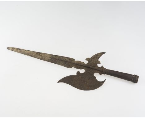 A HALBERD, with shaped crescent blade and spear finial, lacking staff and in excavated condition. 64cm 