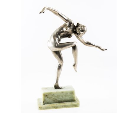 AFTER PIERRE LAUREL, AN ART DECO CHROME COLOURED FIGURE OF A NAKED DANCER, circa 1925, raised on a rectangular green jade sta