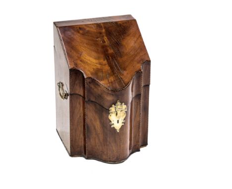 A GEORGE III CHEQUERED STRING INLAID MAHOGANY SERPENTINE KNIFE BOX, the hinged slant front opening to reveal a fully fitted c