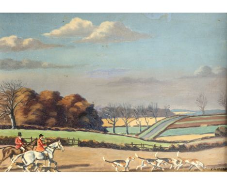 K. ELWELL (early 20th Century) HUNTSMEN WITH HOUNDS, signed lower left and dated (19)'33, oil on board, framed, 28cm by 38cm 