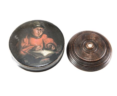 A 19th CENTURY TURNED ROSEWOOD SNUFF BOX, of disc form, inlaid with a mother of pearl button; together with A 19th CENTURY GE