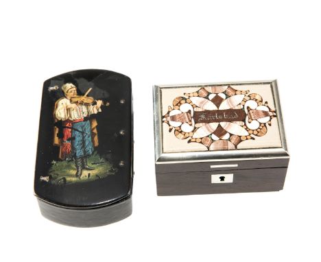 A 19th CENTURY RUSSIAN PAPIER MACHE BOX, painted with the figure of a musician; together with a HARDSTONE INLAID WOODEN TRINK