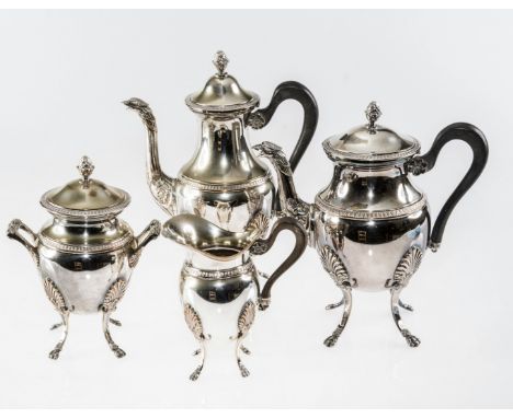 A CONTINENTAL FOUR PIECE SILVER-PLATED TEA AND COFFEE SERVICE, c.1900, each piece of baluster form, raised on shell topped ou