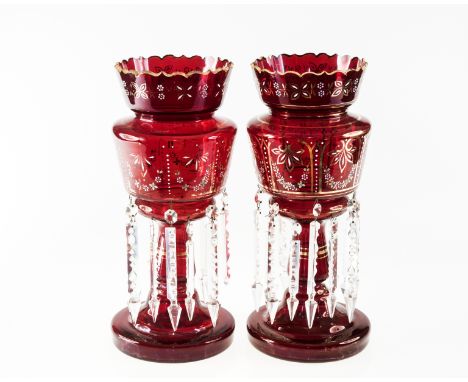 A PAIR OF LARGE VICTORIAN ENAMEL-PAINTED RUBY GLASS TABLE LUSTRES, each with crenellated rim, decorated with floral swags and
