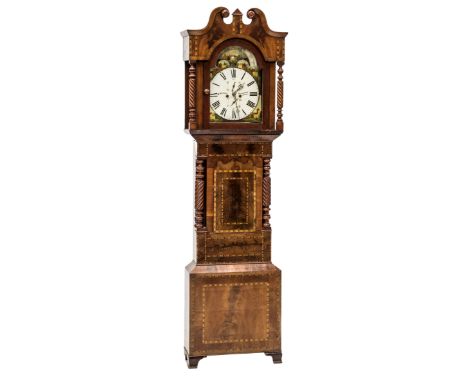 A VICTORIAN CHEQUERED INLAID MAHOGANY LONGCASE CLOCK, the eight day movement striking on a bell, the elaborately painted face