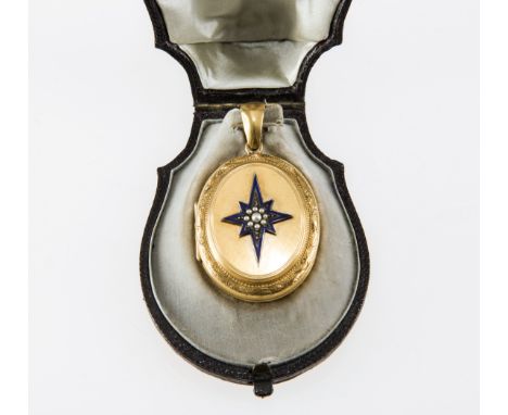 A VICTORIAN ENAMEL AND SEED PEARL MOUNTED GOLD LOCKET, of oval form, the cover centred by a blue enamel star set with seed pe