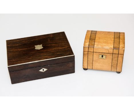 A 19th CENTURY BRASS-INLAID ROSEWOOD JEWELLERY BOX, of plain rectangular form, with lift-out tray; together with AN EARLY 19t