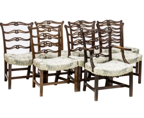 A HARLEQUIN SET OF EIGHT GEORGE III AND LATER RIBBON BACK DINING CHAIRS, including one carver, each with a yoke crest rail ov