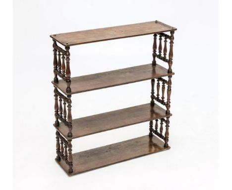 A THREE TIER MAHOGANY HANGING SHELF, each shelf supported by turned uprights. 0.68m by 0.60m by 0.18m 