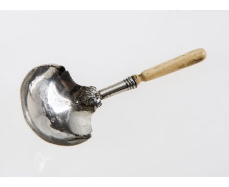 A VICTORIAN SILVER CADDY SPOON, GEORGE UNITE, BIRMINGHAM, c.1865, date mark indistinct, of spade form, with ivory handle 