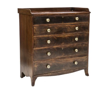 A REGENCY MAHOGANY CHEST OF DRAWERS, the unusual rectangular tray top over five graduated drawers with brass pulls, raised on