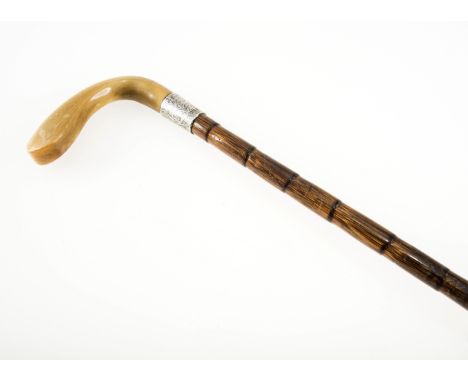 AN EDWARDIAN SILVER-COLLARED HORN-HANDLED GOLF STICK FORM CANE, the "putter" handle above a collar marked for Chester 1908 o