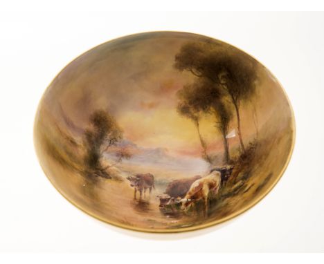 A ROYAL WORCESTER PORCELAIN BOWL PAINTED BY HARRY STINTON, with Highland cattle watering in a landscape, signed, blue printed