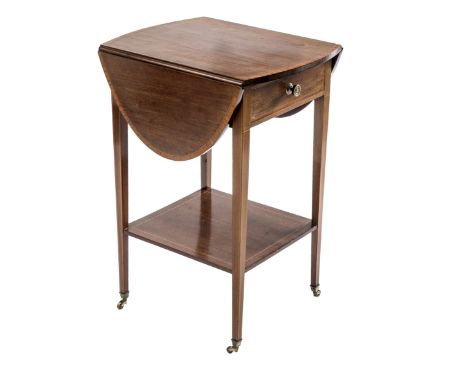 AN INLAID MAHOGANY DROP-LEAF OCCASIONAL TABLE, the string inlaid oval top over a frieze drawer, raised on tapering square sec