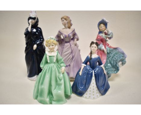 Five figure studies of ladies in dress including Royal Doulton Spring Morning HN1922, Masque HN2554, Debbie HN2385, Coalport 