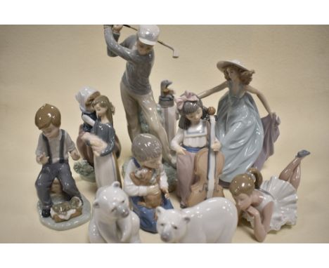 Eleven Lladro and Nao Figures including Golfer, May Dance AF, Girl Holding Pig AF, Ballerina, Boy With Puppy, Girl With Flowe