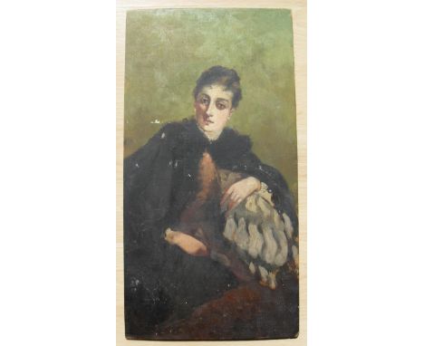 Attributed to John Singer Sargent (1856-1925), oil on board, THREE-QUARTER PORTRAIT OF A SEATED LADY, unframed 35 x 19 cm, wi
