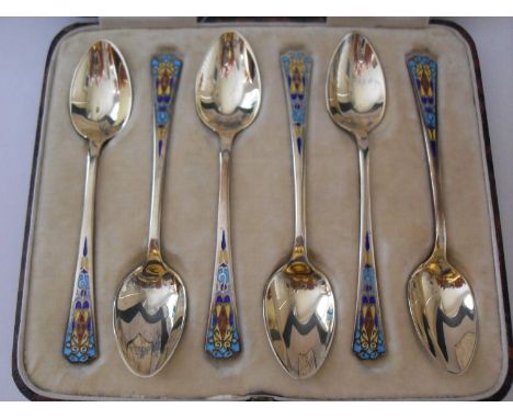 George V six-silver gilt and blue enamel coffee spoons in original fitted case, by Barker Brothers Silver Ltd, Birmingham 193
