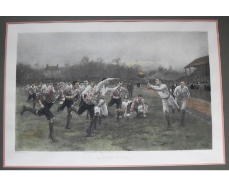 After W. B. Wollen, a hand coloured print, 'A RUGBY MATCH', framed, mounted, unglazed 54 x 82 cm 