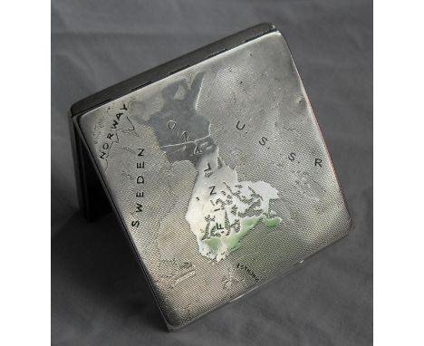 A London silver cigarette case with engine-turn design with an etched map of Scandinavia to top, inscription to inner lid, by