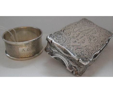 A Birmingham silver bright-cut and etched snuff box, 7.5 x 4.5 cm, with c-scroll and fern decoration, inscribed to lid by Hil