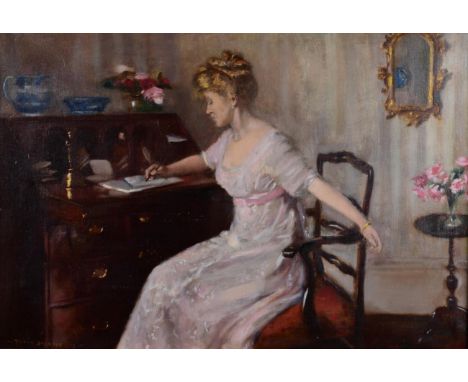 Percy Sturdee (1861-1939) Portrait of an elegant lady, seated at her desk, writing a letter Signed and dated 1909, oil on can