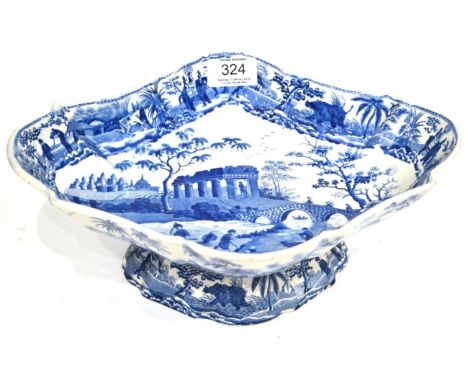A Spode Pearlware Pedestal Dish, circa 1815, of lobed oval form, printed in underglaze blue with The Citadel near Corinth fro