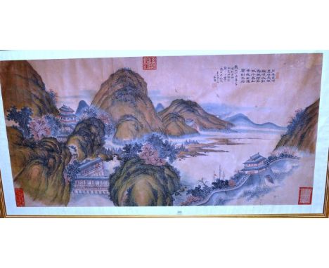 Chinese School (19th century): Mountainous River Landscape, with section of the Great Wall and other buildings, and with call