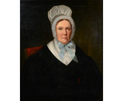 English School (19th Century) Portrait of a lady in a bonnet with blue ribbon Oil on canvas, 73cm by 61cm   Provenance: Glens