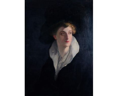 H P Hollins (20th century) Portrait of a lady in a black hat Signed, oil on canvas, 79cm by 57cm