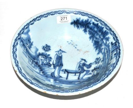 An English Delft Basin, probably London, circa 1750, painted in blue with chinoiserie figures in a garden within a scroll bor