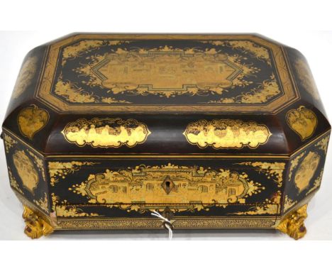 A Chinese Export Lacquer Workbox and Cover, 19th century, of canted rectangular form, gilt with figures and landscapes within