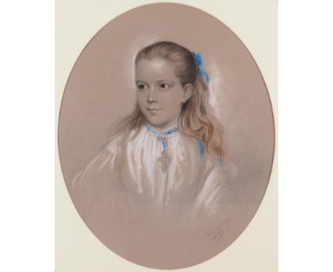 Alexander Blaikley (1816-1903) Portrait of a girl with blue ribbon Signed and dated 1869, pencil and pastel, 40cm by 33cm (ov