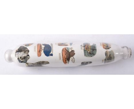 A Decalcomania Rolling Pin, 19th century, decorated with The Sailor's Return and various titled scenes and animals, 34cm wide