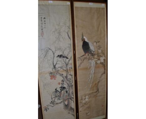 Chinese Scroll Paintings (19th century), a white Asiatic pheasant and three songbirds, watercolour, red seal marks, 148cm by 